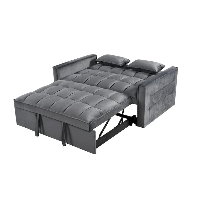 Causeuse futon moderne en velours avec dossier inclinable et poches, 2 places — Gris foncé / Gris clair / Bleu / Noir