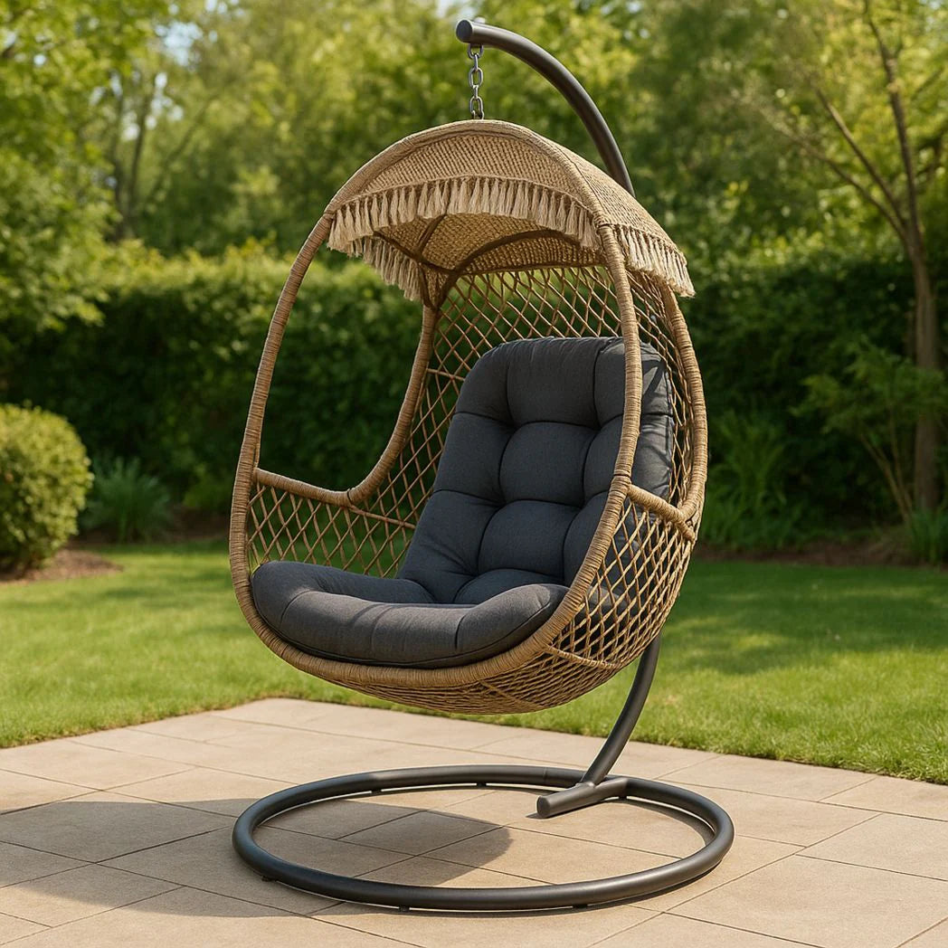 Fauteuil suspendu en rotin synthétique avec structure en acier, coussin en polyester, Brun/Gris, 200 cm x 95 cm x 75 cm