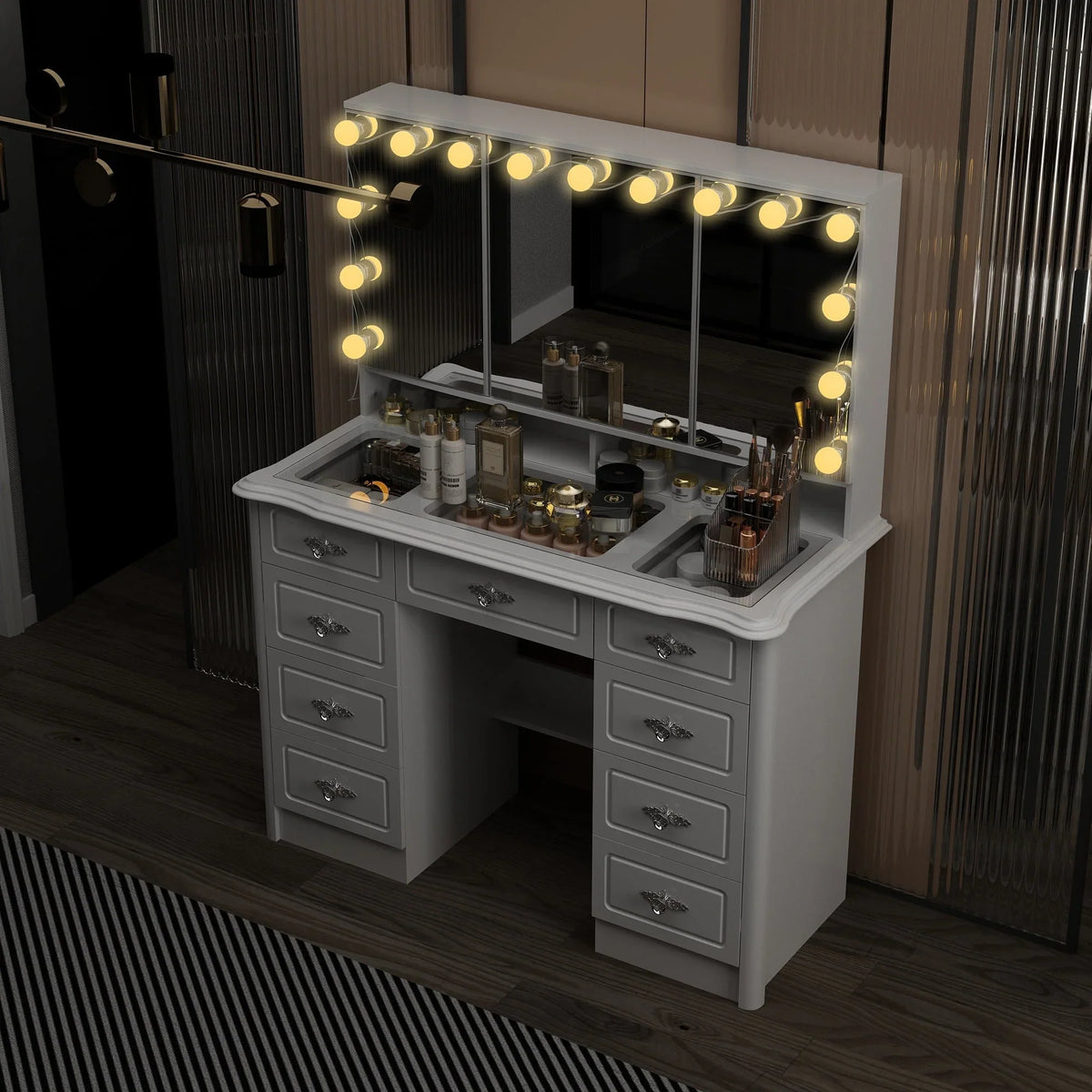 Coiffeuse moderne blanche avec miroir pliable éclairage réglable - 102,1 x 137,4 cm