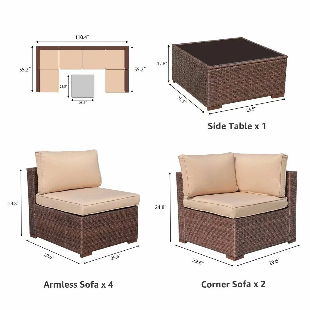 Ensemble de canapé d'angle d'extérieur 7 pièces en osier/acier avec coussins