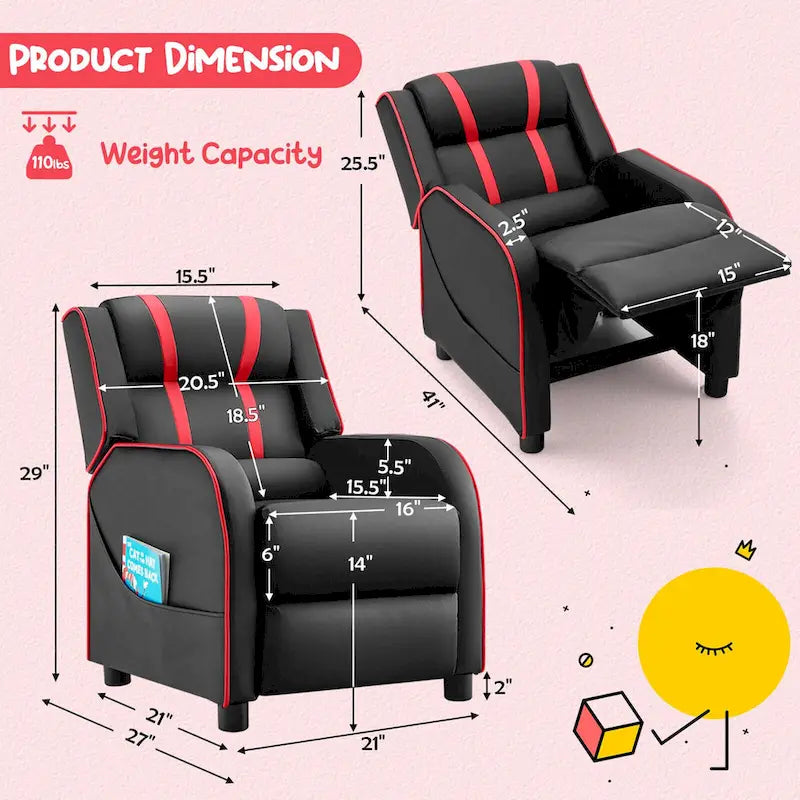 Fauteuil inclinable pour enfants Gymax Canapé ergonomique en cuir avec repose-pieds