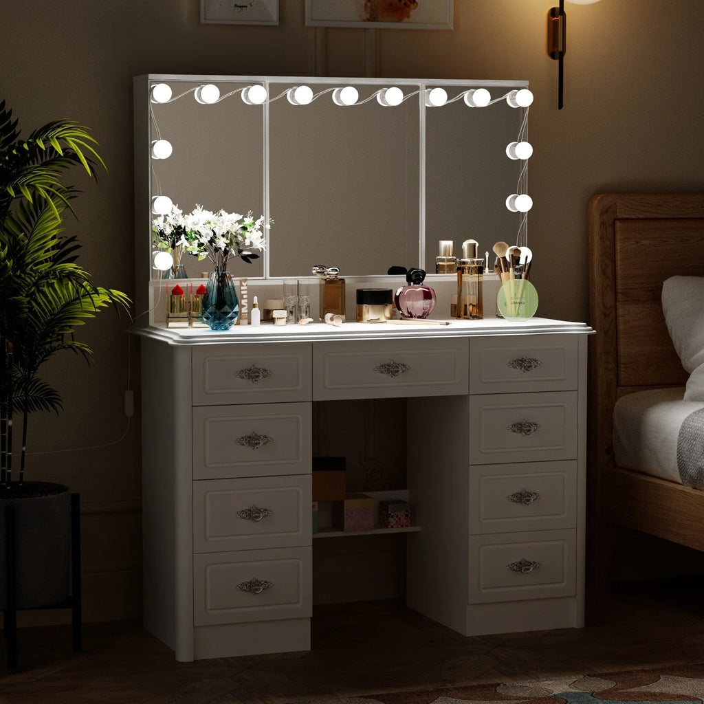 Coiffeuse moderne blanche avec miroir pliable éclairage réglable - 102,1 x 137,4 cm