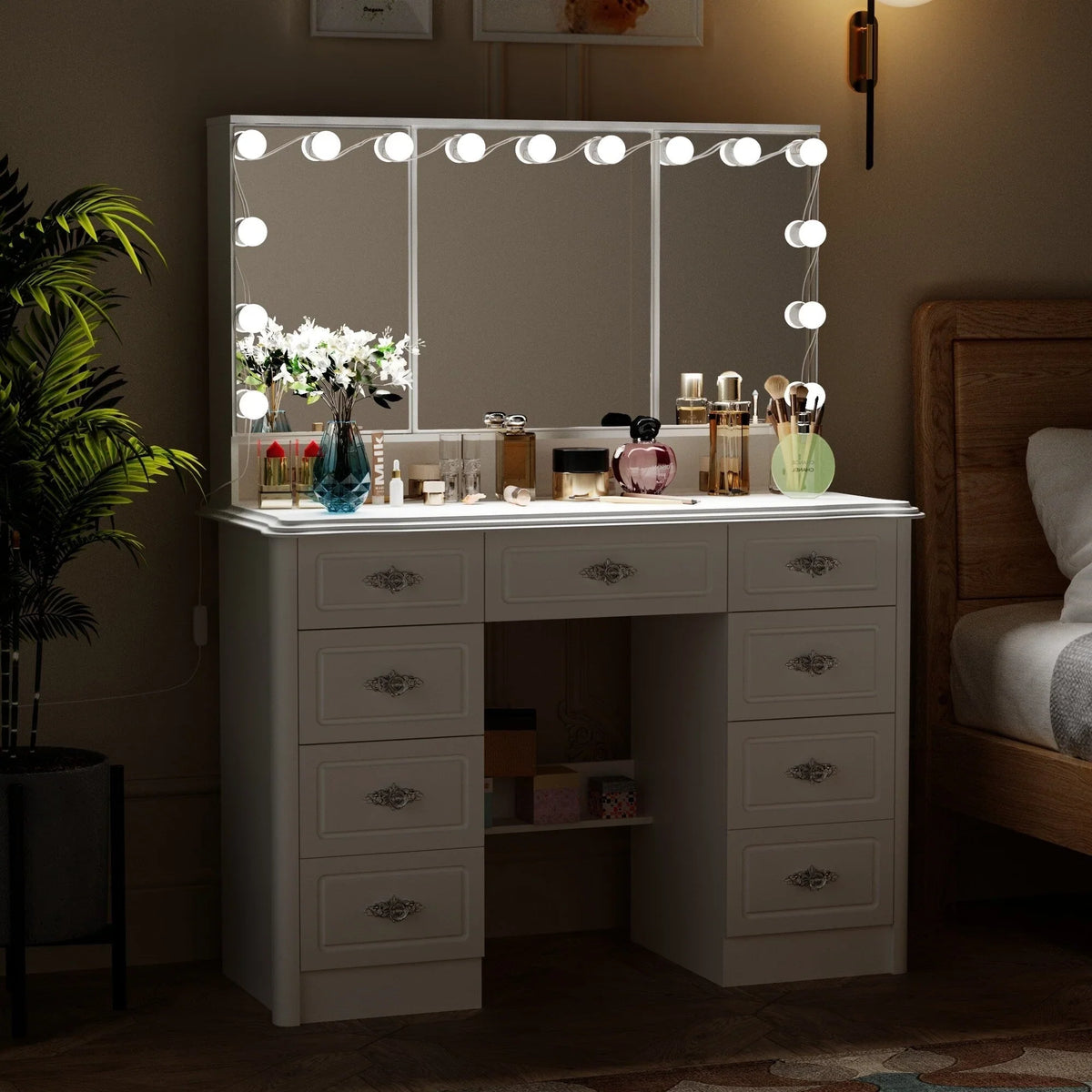Coiffeuse moderne blanche avec miroir pliable éclairage réglable - 102,1 x 137,4 cm