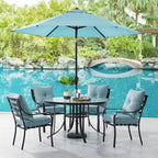 Ensemble de salle à manger Hanover Lavallette 5 pièces bleu océan avec 4 chaises fixes, une table ronde en verre de 52 pouces, un parasol et une base