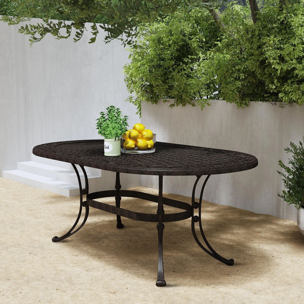 Ensemble de salle à manger d'extérieur 7 pièces en aluminium bronze Sanibel avec table à manger ovale de 72 et six fauteuils par Homestyles