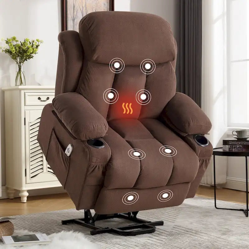 Fauteuil inclinable électrique gris avec massage chauffant, chargement USB, télécommande et poches latérales pratiques pour les personnes âgées