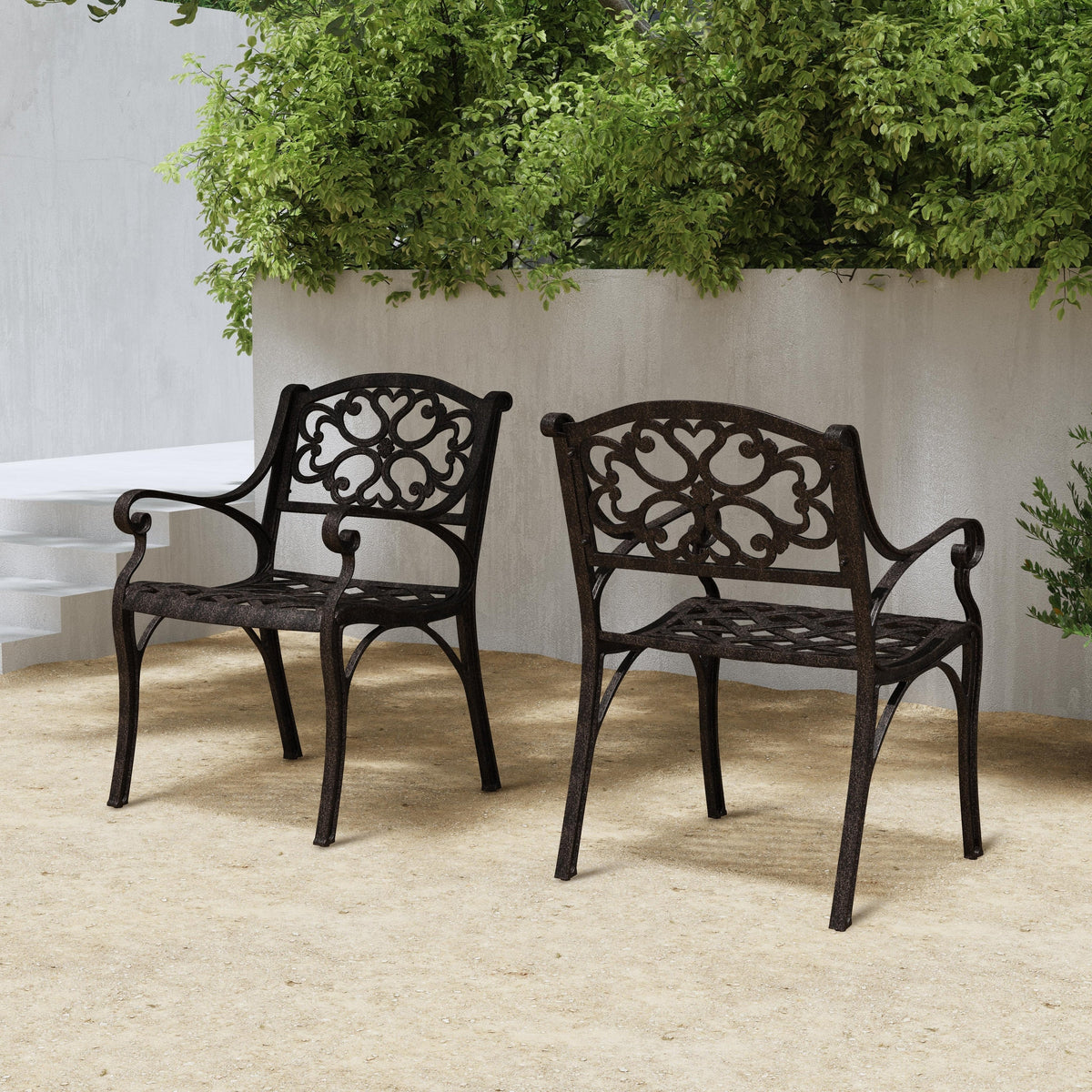 Ensemble de salle à manger d'extérieur 7 pièces en aluminium bronze Sanibel avec table à manger ovale de 72 et six fauteuils par Homestyles
