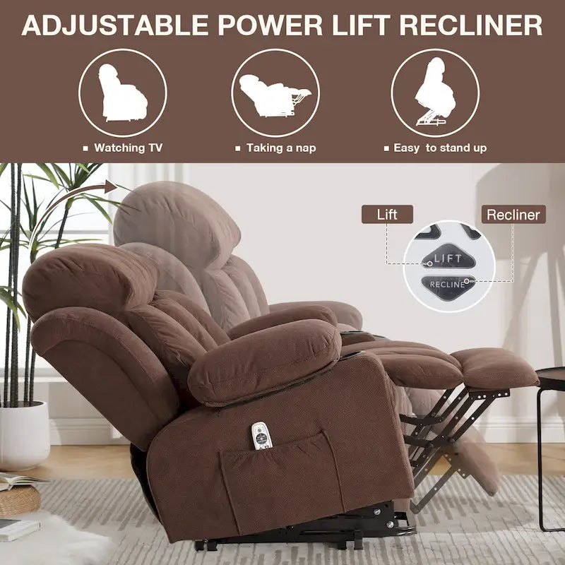 Fauteuil inclinable électrique gris avec massage chauffant, chargement USB, télécommande et poches latérales pratiques pour les personnes âgées
