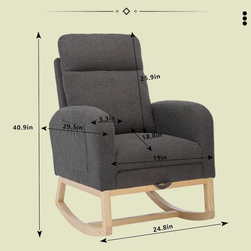 Fauteuil à bascule rembourré moderne de 75 cm de hauteur avec dossier haut, pieds en bois massif et repose-pieds réglable