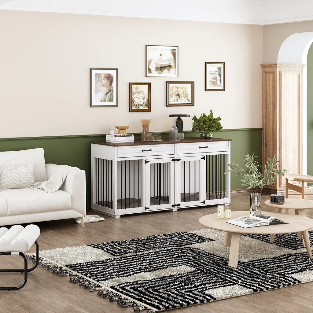 Meuble de chenil double en bois avec 2 tiroirs et séparateur