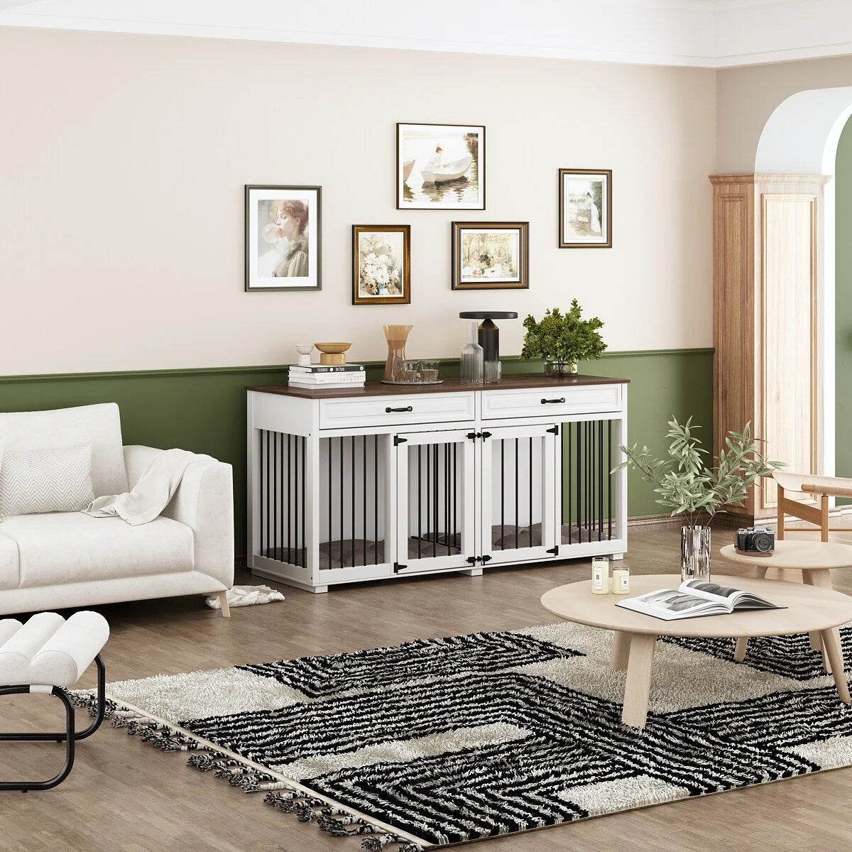 Meuble de chenil double en bois avec 2 tiroirs et séparateur