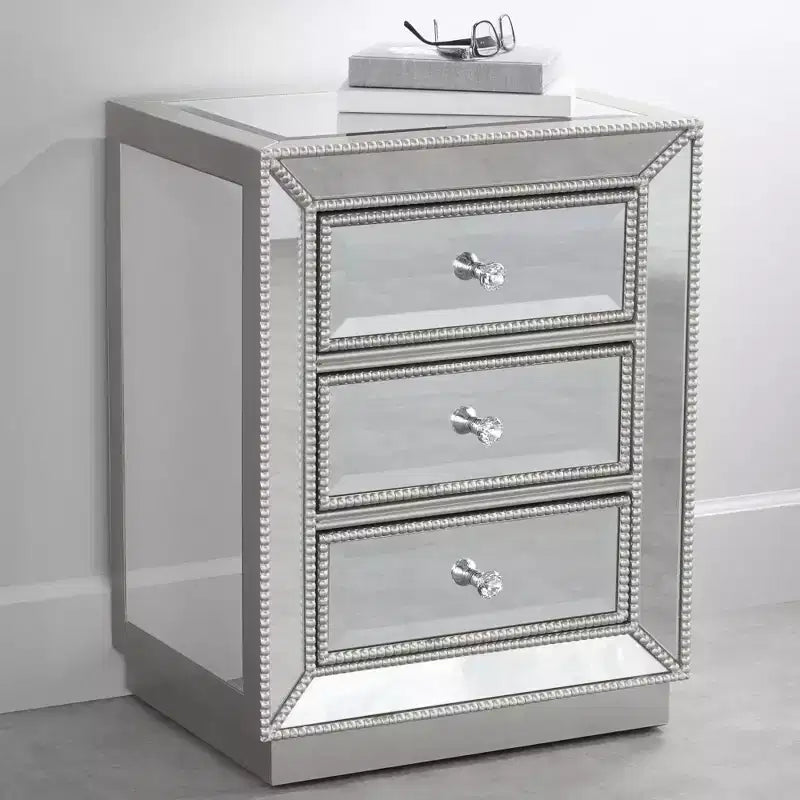 Coast to Coast Accents Trevi – Table d'appoint rectangulaire moderne à miroir 50,8 x 38,1 cm avec 3 tiroirs et bordure perlée argentée pour salon, chambre à coucher, chevet, maison