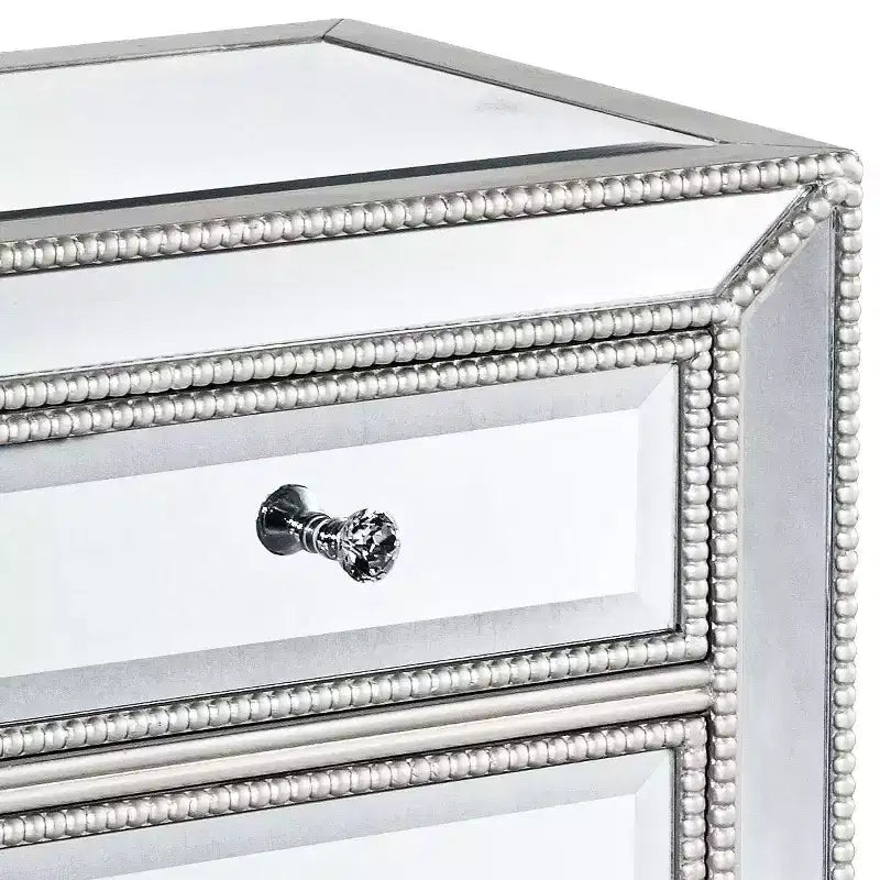 Coast to Coast Accents Trevi – Table d'appoint rectangulaire moderne à miroir 50,8 x 38,1 cm avec 3 tiroirs et bordure perlée argentée pour salon, chambre à coucher, chevet, maison
