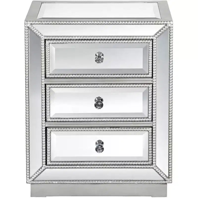 Coast to Coast Accents Trevi – Table d'appoint rectangulaire moderne à miroir 50,8 x 38,1 cm avec 3 tiroirs et bordure perlée argentée pour salon, chambre à coucher, chevet, maison