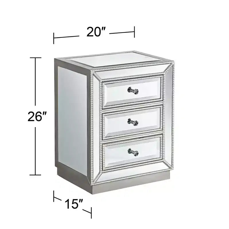 Coast to Coast Accents Trevi – Table d'appoint rectangulaire moderne à miroir 50,8 x 38,1 cm avec 3 tiroirs et bordure perlée argentée pour salon, chambre à coucher, chevet, maison