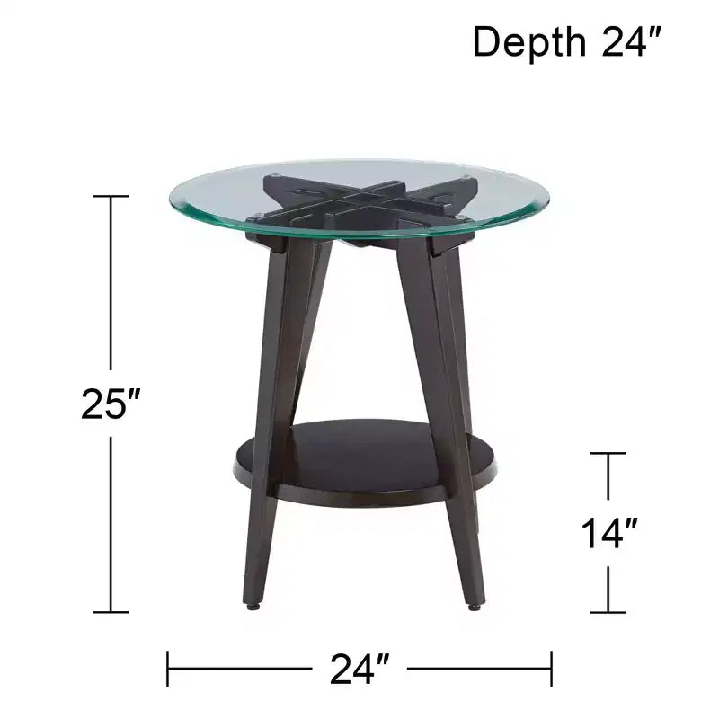 Table d'appoint ronde 55 Downing Street Farmhouse en bois de 61 cm de large avec étagère, plateau en verre trempé marron foncé pour salon, maison