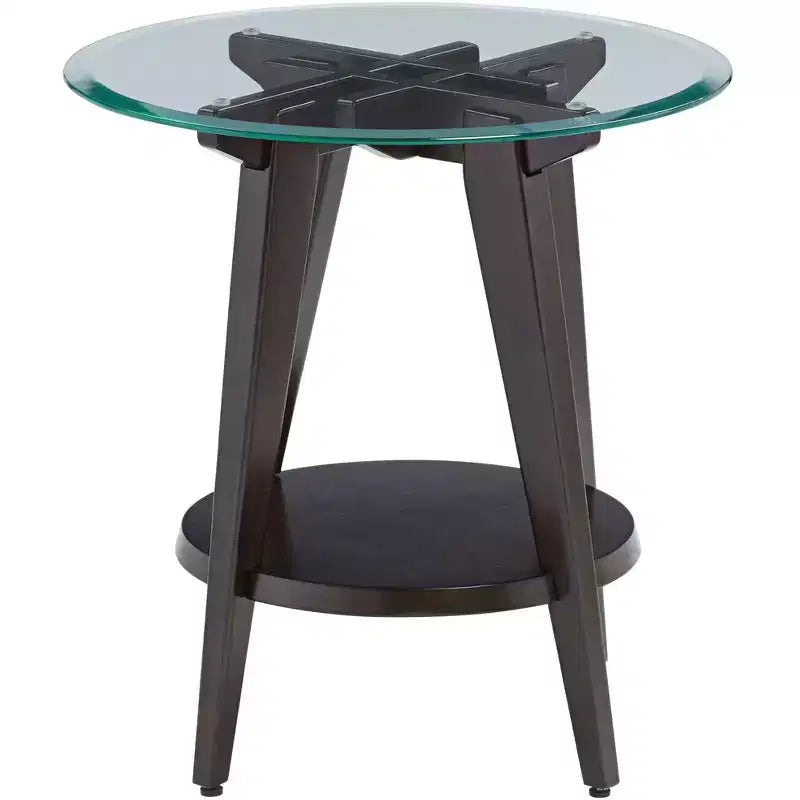 Table d'appoint ronde 55 Downing Street Farmhouse en bois de 61 cm de large avec étagère, plateau en verre trempé marron foncé pour salon, maison