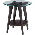 Table d'appoint ronde 55 Downing Street Farmhouse en bois de 61 cm de large avec étagère, plateau en verre trempé marron foncé pour salon, maison