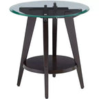 Table d'appoint ronde 55 Downing Street Farmhouse en bois de 61 cm de large avec étagère, plateau en verre trempé marron foncé pour salon, maison