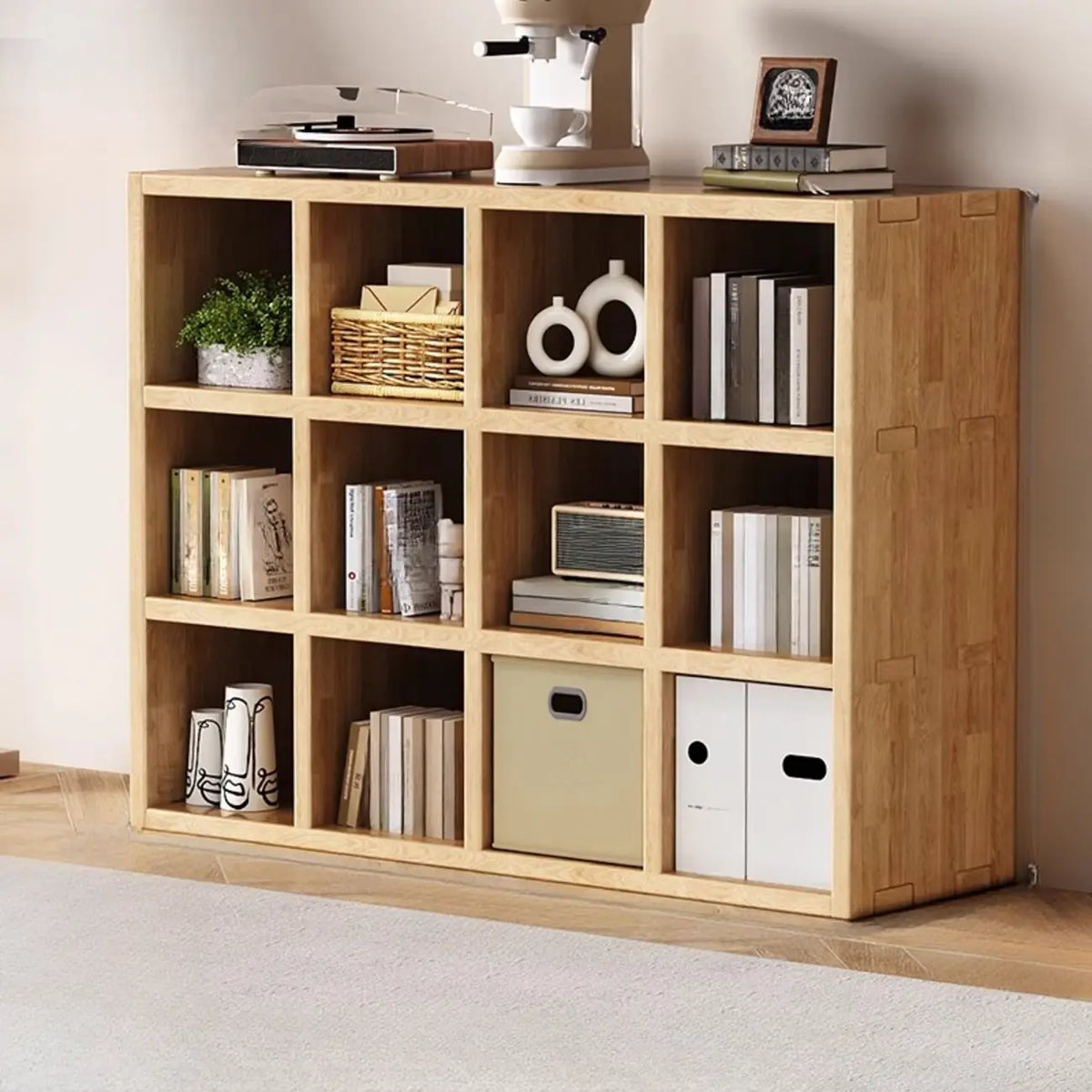 Bibliothèque moderne horizontale en bois à 8 cubes, finition naturelle