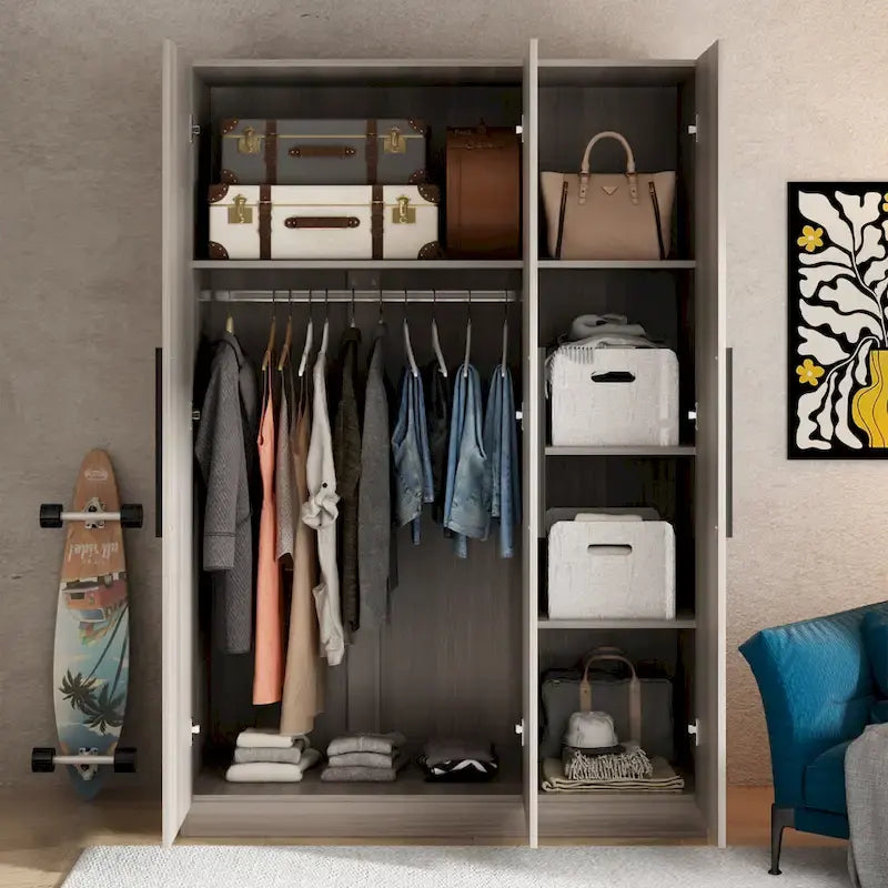 Armoire de rangement en bois avec 6 cubes de rangement et tringle à vêtements