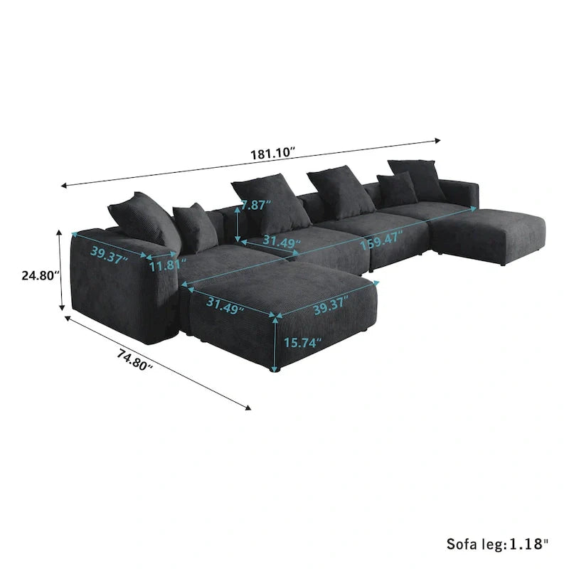 Grand canapé modulaire sectionnel en velours côtelé, en forme de U, 4 places avec 2 poufs et 5 oreillers