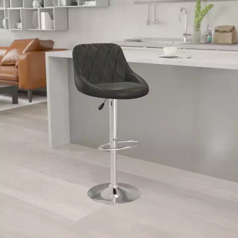 Tabouret de bar contemporain Flash Furniture avec siège baquet en vinyle, dossier à motif losanges et piètement chromé, réglable en hauteur