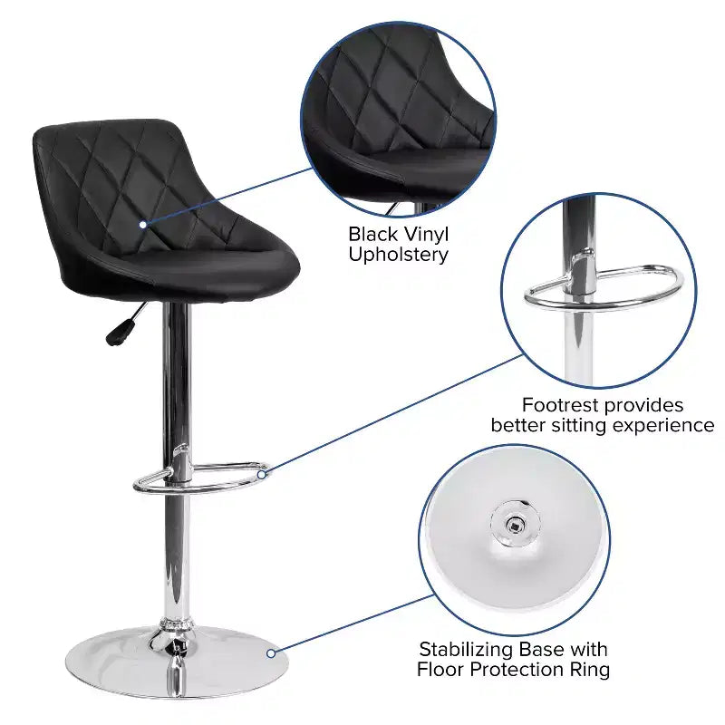Tabouret de bar contemporain Flash Furniture avec siège baquet en vinyle, dossier à motif losanges et piètement chromé, réglable en hauteur