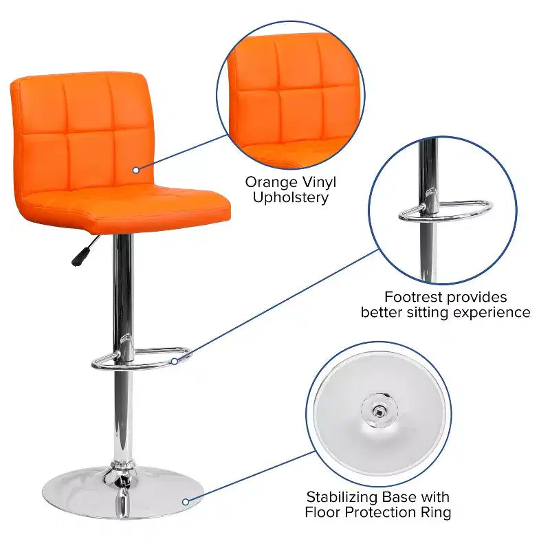 Tabouret de bar contemporain Flash Furniture en vinyle matelassé, hauteur réglable, avec piètement chromé