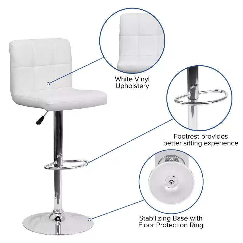 Tabouret de bar contemporain Flash Furniture en vinyle matelassé, hauteur réglable, avec piètement chromé