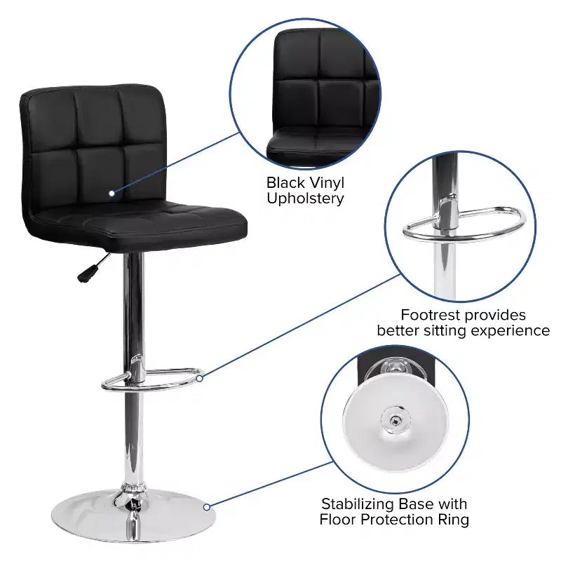 Tabouret de bar contemporain Flash Furniture en vinyle matelassé, hauteur réglable, avec piètement chromé