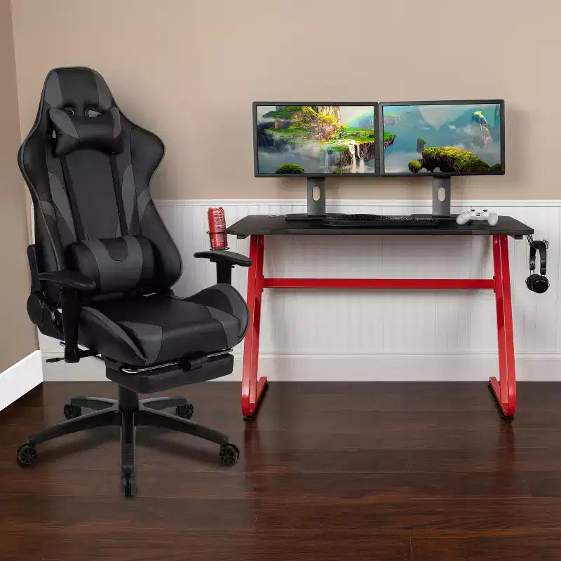 Ensemble bureau Emma et Oliver - Bureau gaming, porte-gobelet, support casque et fauteuil inclinable