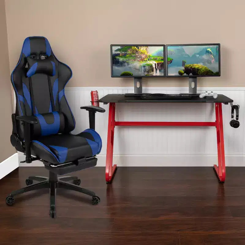 Ensemble bureau Emma et Oliver - Bureau gaming, porte-gobelet, support casque et fauteuil inclinable