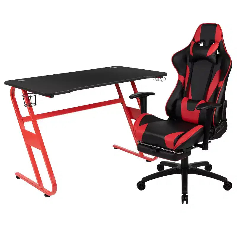 Ensemble bureau Emma et Oliver - Bureau gaming, porte-gobelet, support casque et fauteuil inclinable
