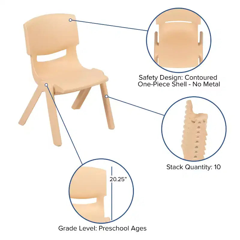 Emma et Oliver Ensemble de table et 4 chaises réglables en plastique naturel en forme de croissant de lune pour enfants, 25.125 l x 35.5 L po