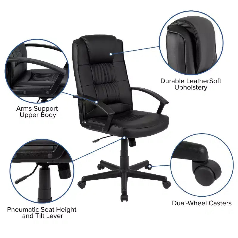 Fauteuil de bureau pivotant Emma et Oliver en cuir régénéré noir avec accoudoirs - Chaise de bureau
