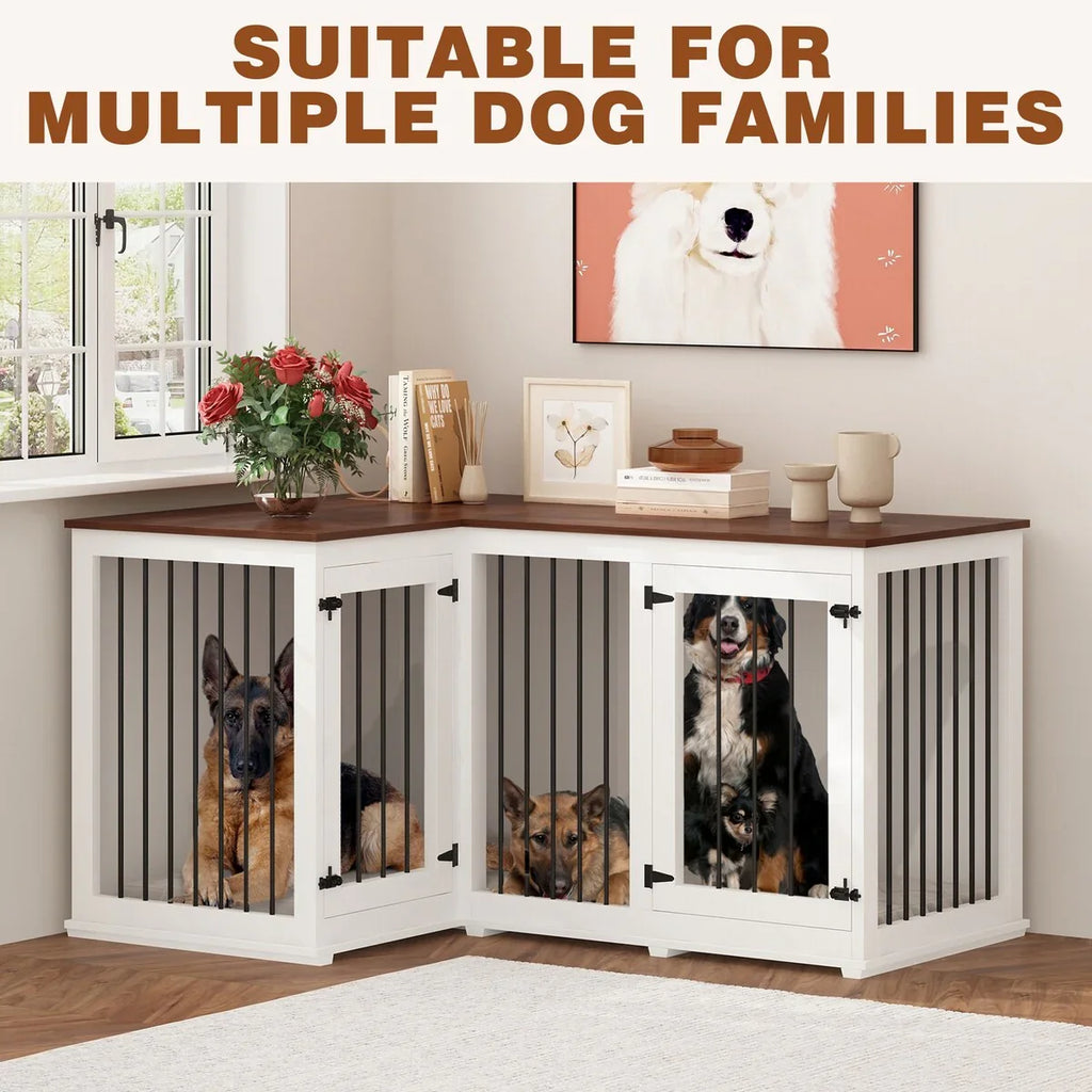 Grand meuble de caisse d'angle pour 2 chiens, cage pour chien en forme de L - 58,7X41,1