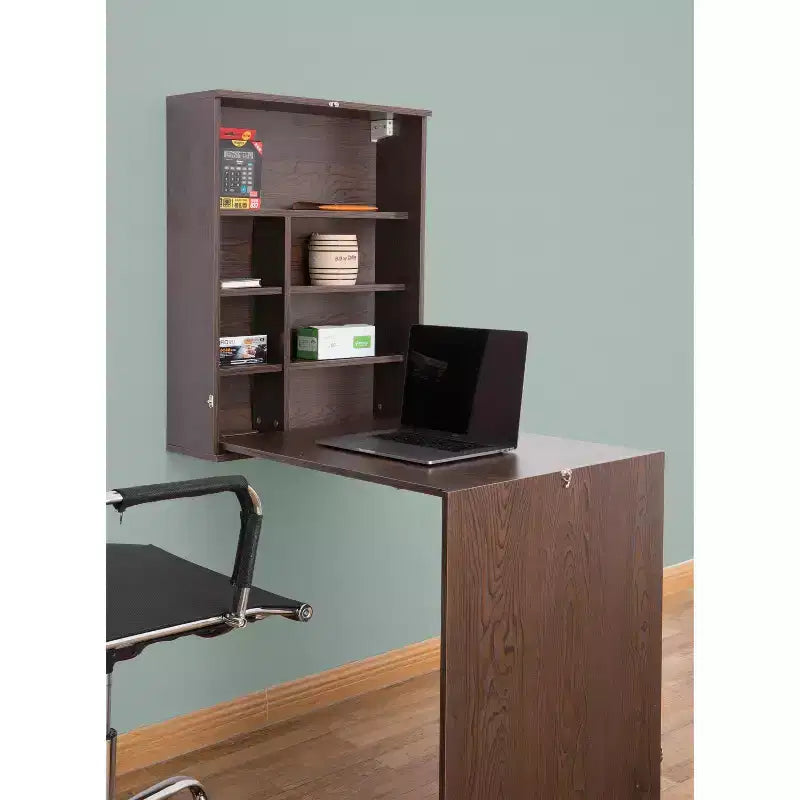 Bureau mural rabattable pour ordinateur portable avec étagères
