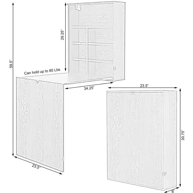Bureau mural rabattable pour ordinateur portable avec étagères