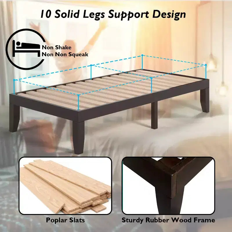 Costway Cadre de lit double 14" en bois avec sommier à lattes en bois couleur expresso/naturel