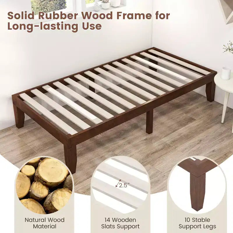 Costway Cadre de lit double 14" en bois avec sommier à lattes en bois couleur expresso/naturel