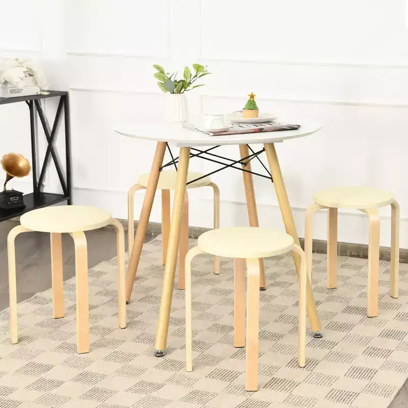 Costway Lot de 4 Tabourets Ronds en Bois Courbé, Chaises de Salle à Manger Empilables avec Siège Rembourré Beige/Noir