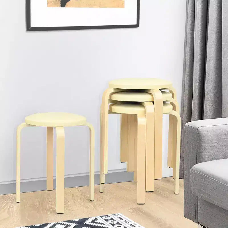 Costway Lot de 4 Tabourets Ronds en Bois Courbé, Chaises de Salle à Manger Empilables avec Siège Rembourré Beige/Noir