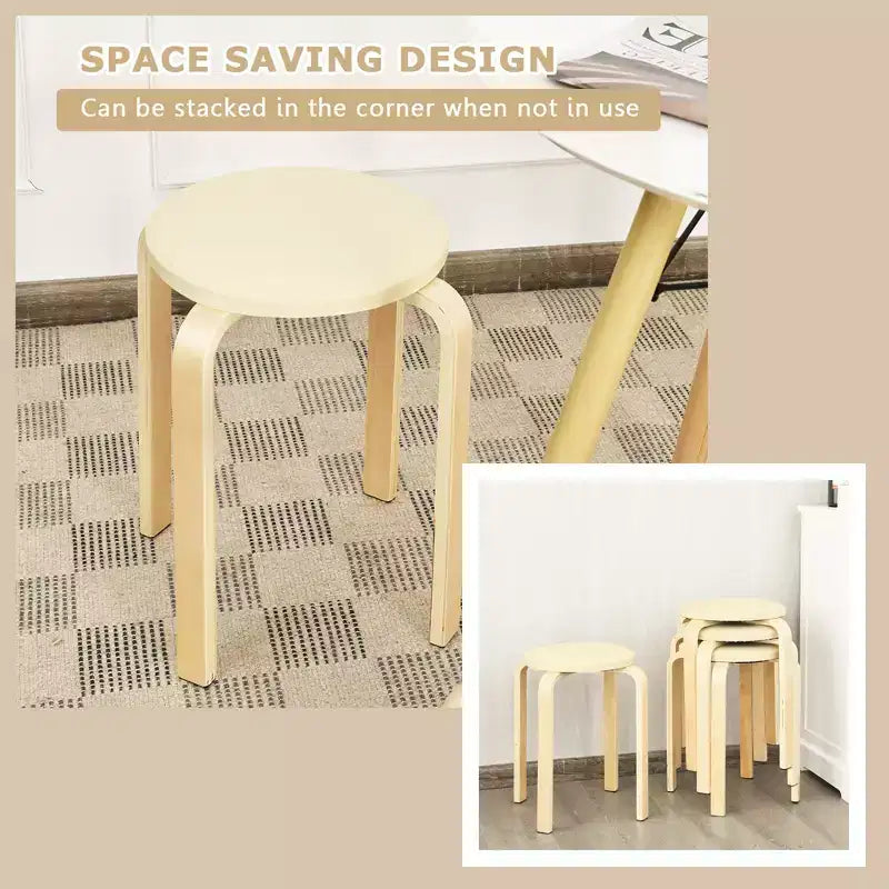 Costway Lot de 4 Tabourets Ronds en Bois Courbé, Chaises de Salle à Manger Empilables avec Siège Rembourré Beige/Noir