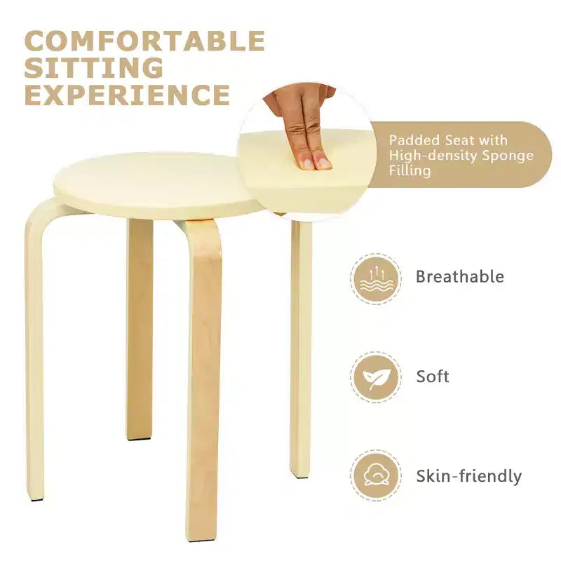 Costway Lot de 4 Tabourets Ronds en Bois Courbé, Chaises de Salle à Manger Empilables avec Siège Rembourré Beige/Noir