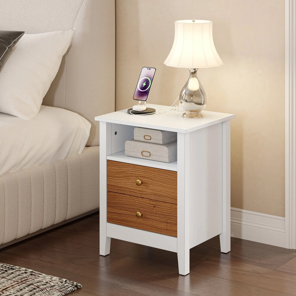 Tables de chevet (lot de 2) avec station de charge, table d'appoint avec 2 tiroirs, ports USB et prises, pour chambre à coucher