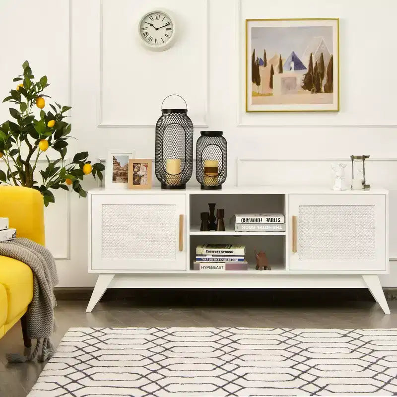 Meuble TV Costway – Console multimédia avec 2 placards en rotin et étagères ouvertes