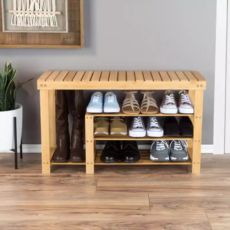 Banc de rangement à chaussures et bottes en bambou à 3 niveaux Hastings Home avec assise - Bois naturel