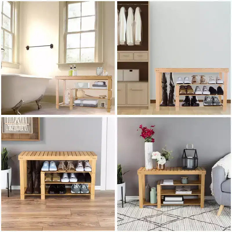 Banc de rangement à chaussures et bottes en bambou à 3 niveaux Hastings Home avec assise - Bois naturel