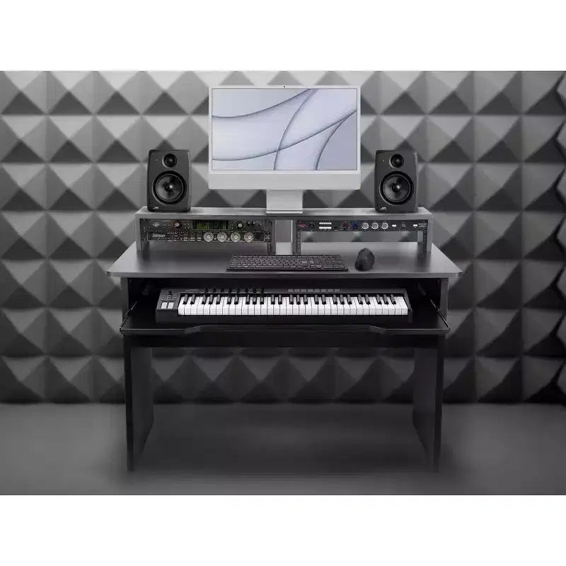 Station de travail de studio Monoprice avec deux baies de rack 3U et un plateau pour clavier de 66 touches, pour studio à domicile moderne - Série Stage Right